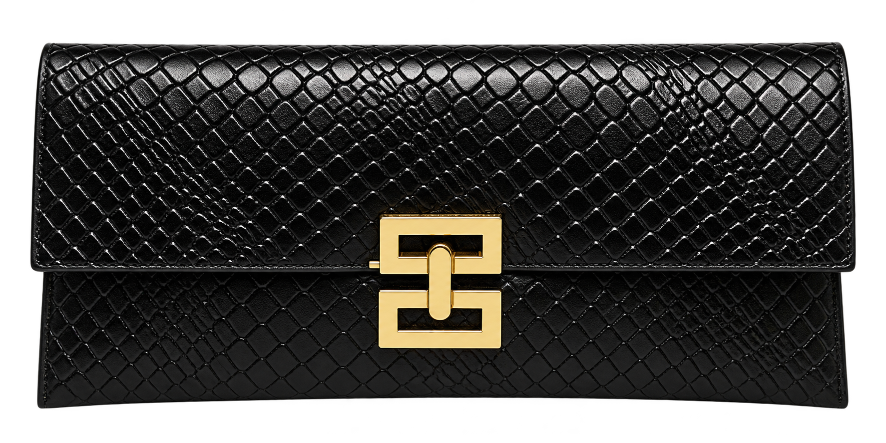 Women’s Black Snake Print Clutch Bag with Gold Square Lock – Envelope
