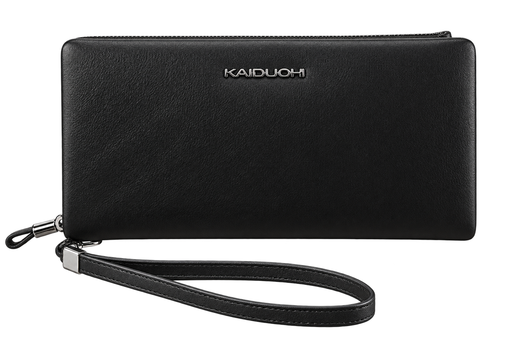 Men's Slim Leather Clutch Wallet, Dual-Layer Long Wristlet, Large Capacity Zipper Wallet