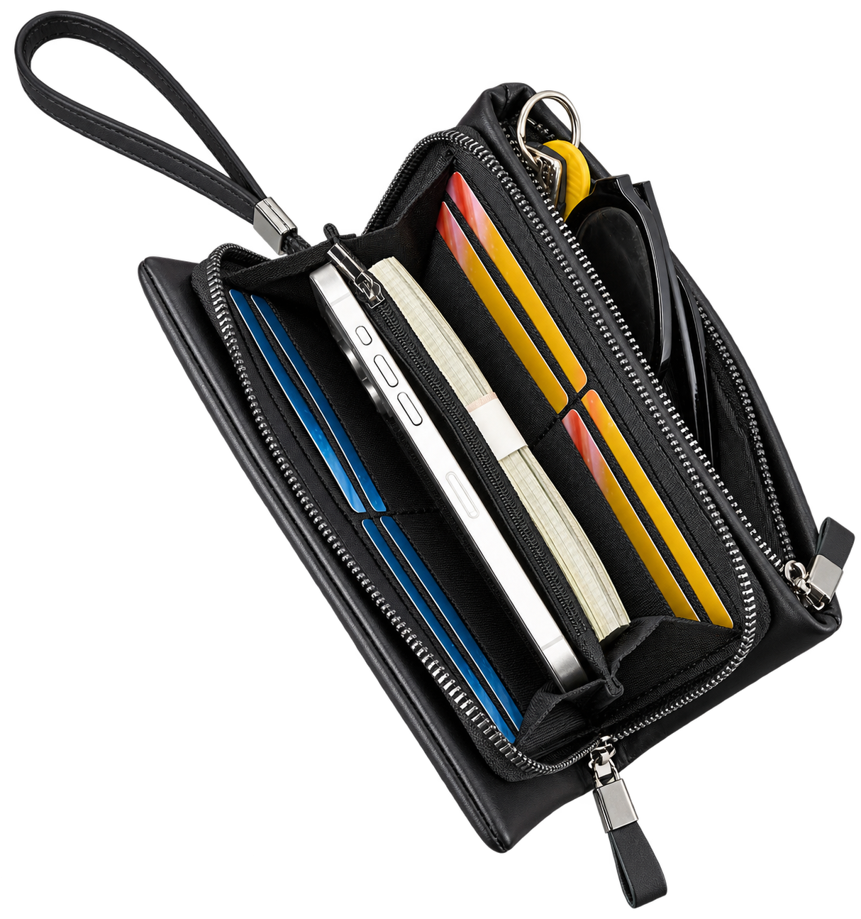 Men's Slim Leather Clutch Wallet, Dual-Layer Long Wristlet, Large Capacity Zipper Wallet