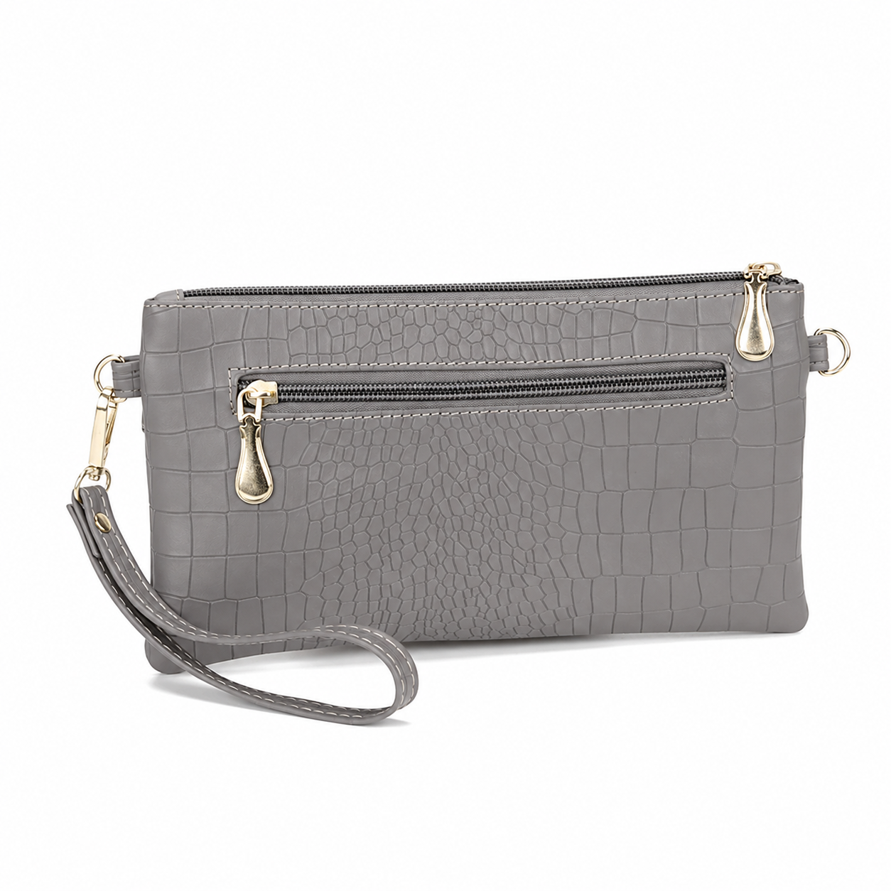 Women’s Crocodile Textured PU Leather Wristlet Clutch Wallet, Gray