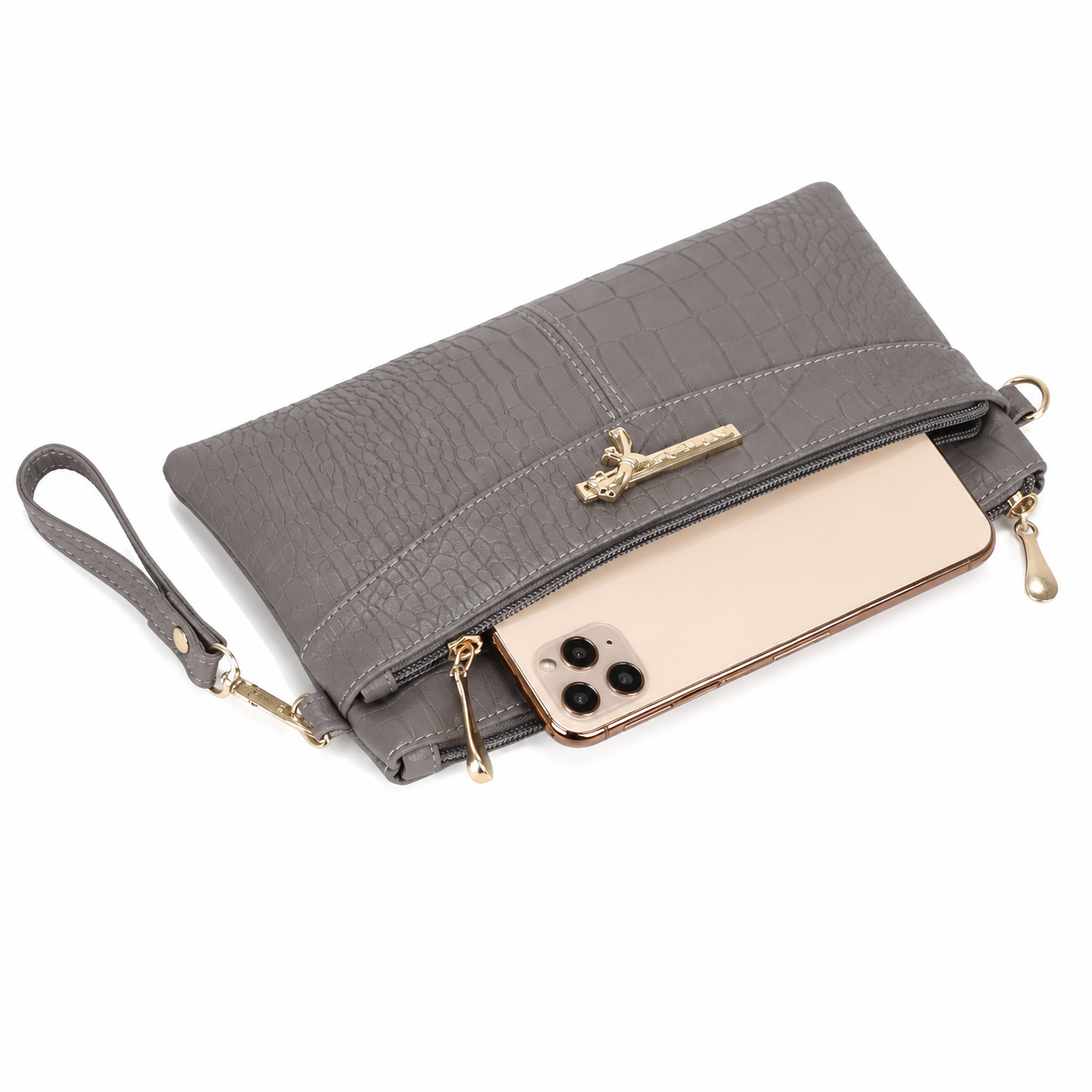 Women’s Crocodile Textured PU Leather Wristlet Clutch Wallet, Gray