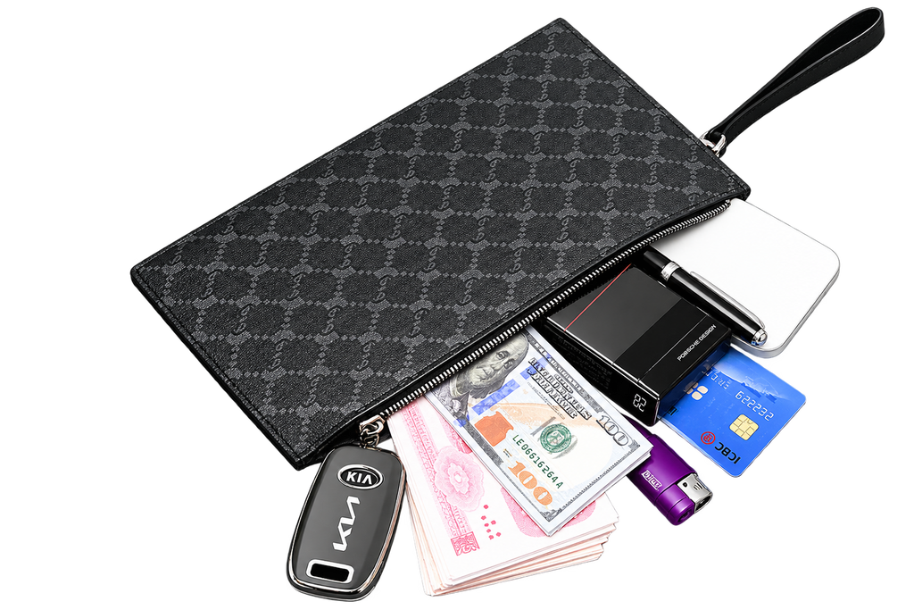 Men’s Printed Leather Envelope Clutch Bag with Wrist Strap