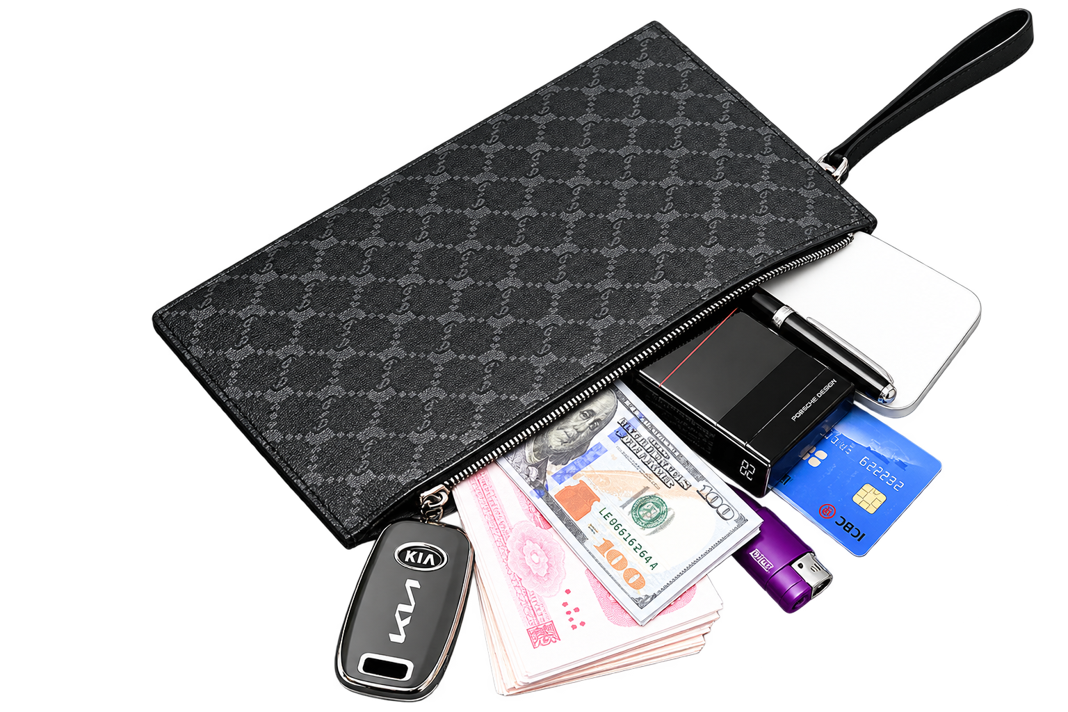 Men’s Printed Leather Envelope Clutch Bag with Wrist Strap