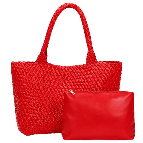 Large Woven Tote Bag for Women, Vegan Leather Shoulder Handbag, Handwoven Work & Travel Tote
