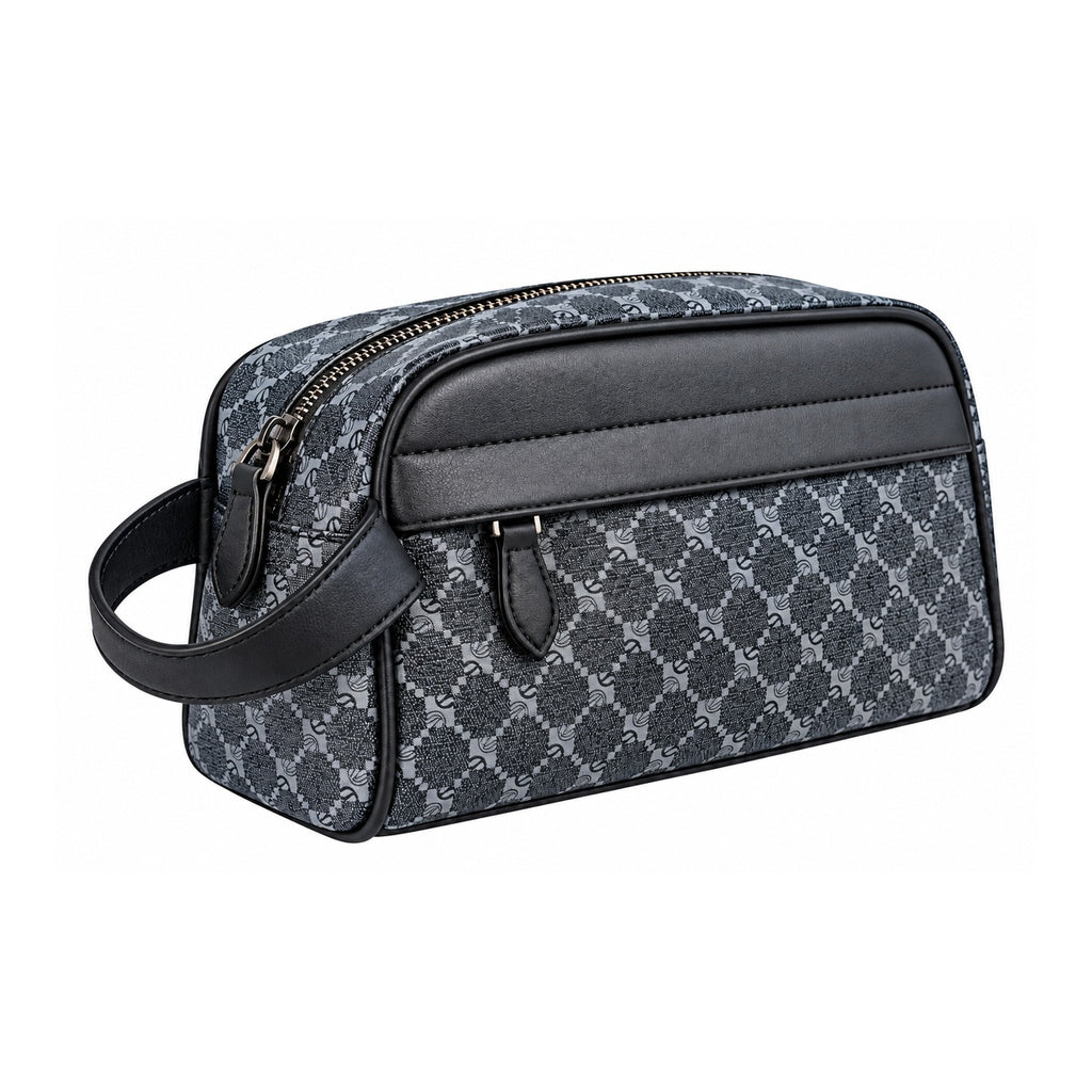 Men's PU Print Toiletry Bag, Large Capacity Travel Wash Bag with Wrist Strap